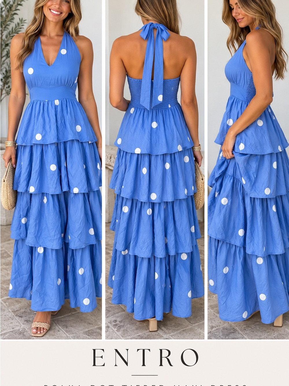 Entro Blue Polka Dot Tiered Halter Maxi Dress – Size Small – NWT
